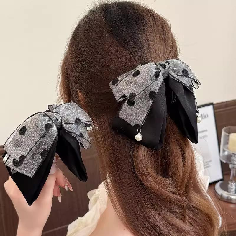 Ribbon Bow Gift - Jepit Rambut Pita Polkadot Abu-abu Elegan